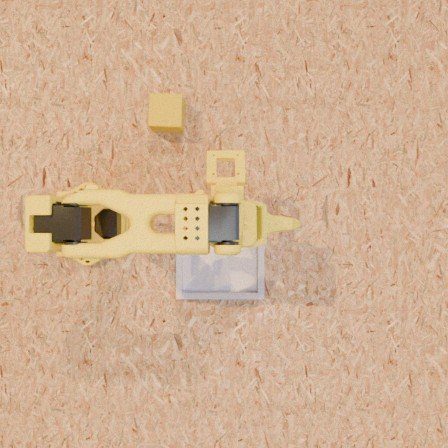 Simulated top view: yellow arm on a wooden table with a container